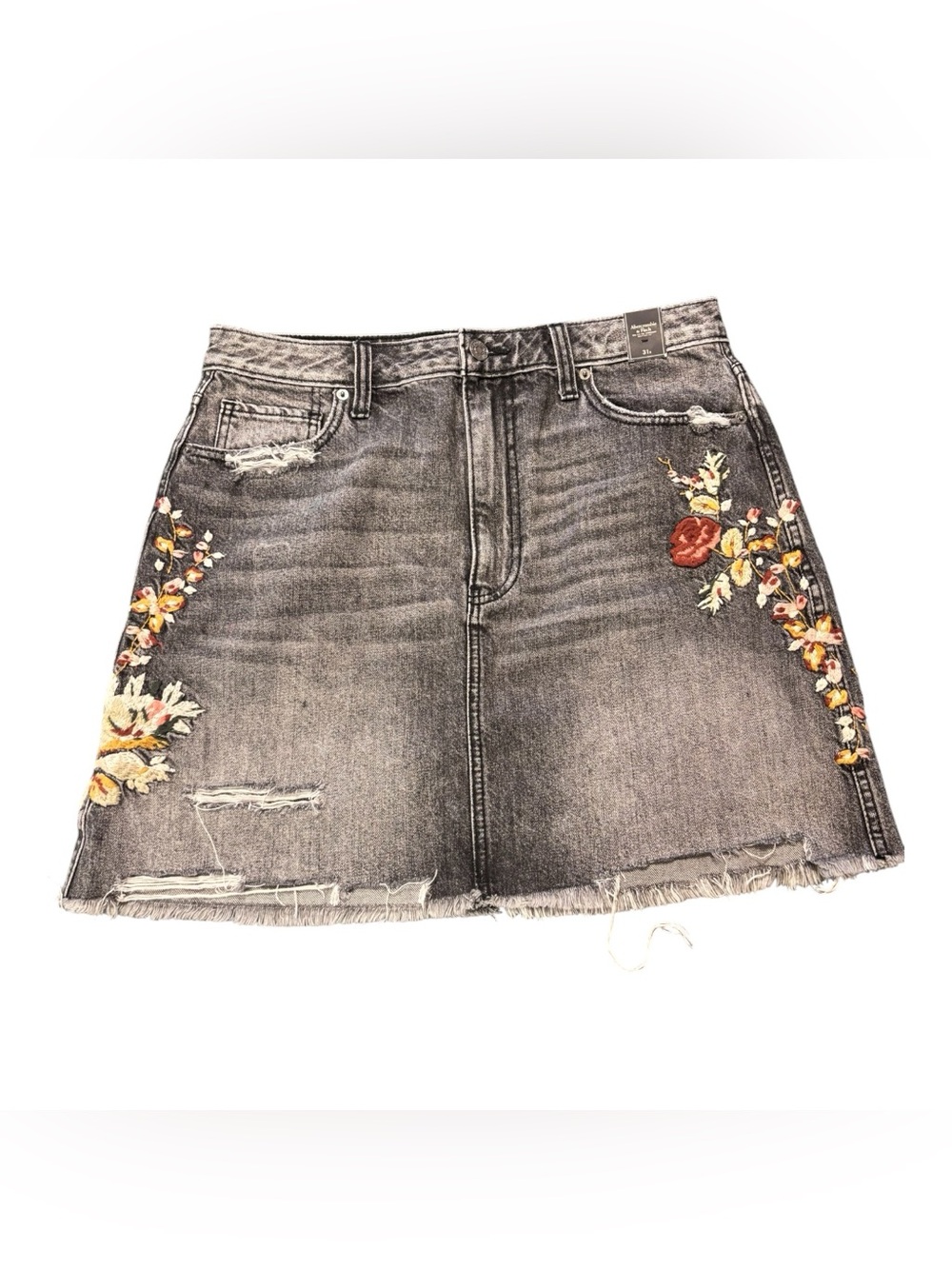 Abercrombie & Fitch Black Denim Mini Skirt with Floral Embroidery